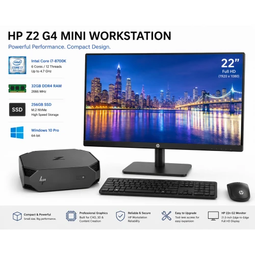 HP Z2 G4 Mini Workstation Intel Core i7-8700K 32GB RAM 256GB SSD with HP 22n G2 22-Inch Edge-to-Edge Monitor
